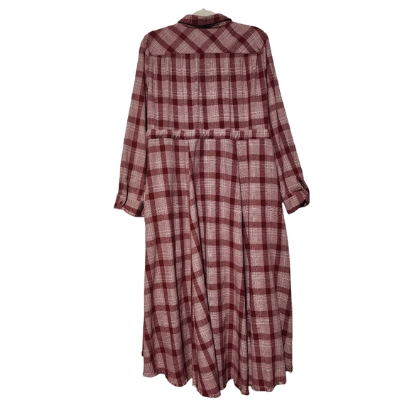 JODIFL Plaid Midi Shirt Dress Womens Large Red Burgundy Boho Cottagecore Western - Picture 6 of 15